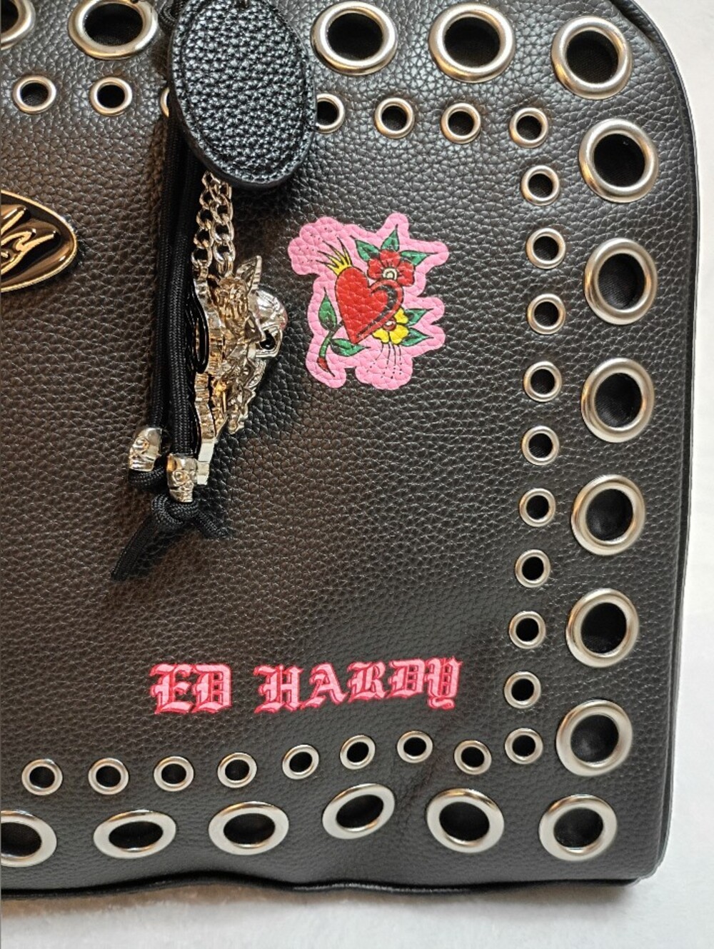 Ed Hardy Black Skull & Rose Eyelet Satchel - Picture 2 of 9